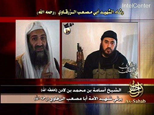 This image made Thursday from an undated video distributed by U.S. government contractor IntelCenter, shows an undated still photo, left, of Osama bin Laden alongside a video of the late chief of al-Qaida in Iraq, Abu Musab al-Zarqawi. The 19-minute audio message by bin Laden pays tribute to al-Zarqawi, and was posted on an Islamic militant web site.