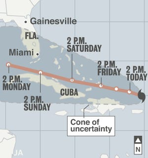 Cone indicates the storm may land anywhere within the area, not just along the projected path.
 Source: NOAA