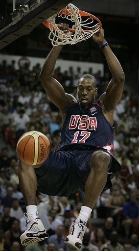 Dwight Howard of the U.S. team dunks during the fourth quarter of an exhibition basketball game against Puerto Rico in Las Vegas on Thursday, Aug. 3, 2006.