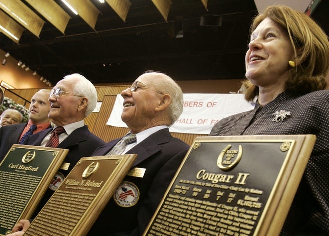 The newest members of the Thoroughbred Racing Hall of Fame, from left: trainer Carl Hanford, jockey Bill Boland, and Ellen Hunt, representing her mother, Mary Jones Bradley, who owned Cougar II.