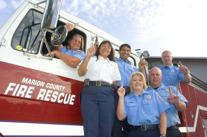 From left: Teresa Fletcher, firefighter/paramedic; District Capt. Pam Driggers; Dwight Leon, firefighter/paramedic; Sharon Cronmiller, firefighter/EMT; Lt. Andy English, firefighter/EMT; and James Wiggins, firefighter/EMT, at Marion County Fire-Rescue's Friendship Fire Station 21. The station collected more than $5,300 in school supplies.