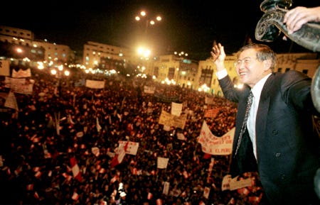 After winning his second term in office Peruvian President Alberto Fujimori celebrates with his supporters in the heart of the city, as seen in the documentary feature, THE FALL OF FUJIMORI. Photo Credit: Presidential Archives.