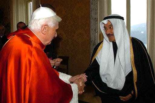 Pope Benedict XVI shakes hands with the Kuwait ambassador to the Holy See Ahamad Abdulkareem Al-Ibrahim prior to a meeting with Muslim diplomats and members of the Arab League, at Castel Gandolfo, Pope Benedict XVI's summer residence outside Rome on Monday. Pope Benedict XVI told Muslim diplomats Monday that "our future'' depends on good relations between Christians and Muslims as he sought to put to rest anger over his recent remarks about Islam and violence.