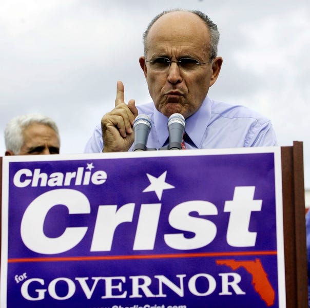 Former New York City Mayor Rudy Giuliani campaigns for Charlie Crist Wednesday in Dania Beach.