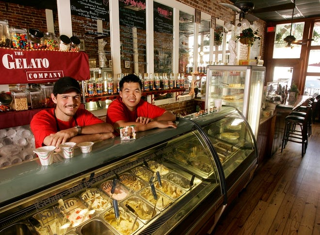 Joseph Kearns, left, and Chino Leong, both 24, pose in their new downtown Gainesville business, The Gelato Company, 11 S.E. First Ave.