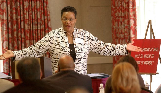 Dolores Fridge speaks to educators about diversity during the Diversity Training Workshops held at Shawnee Inn and Golf Resort on Thursday.