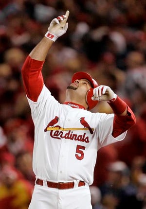 S. Louis' Albert Pujols went 1-for-4 with a double and a run scored in the Cardinals' 5-0 win in Game 3 of the World Series Tuesday night. St. Louis leads the series 2-1.