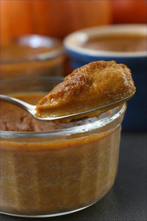While a lowfat Thanksgiving meal is not going to happen, fat and calories can be trimmed here and there. A Pumpkin Pudding, essentially pumpkin pie filling without the crust which is the fatty culprit, makes a great dessert.