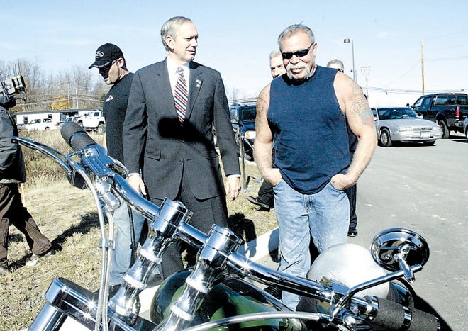 Gov. George Pataki chats with Paul Teutul Sr. yesterday at the groundbreaking ceremony for the new Orange County Choppers headquarters in Newburgh. The $13 million project is expected to create 164 jobs.