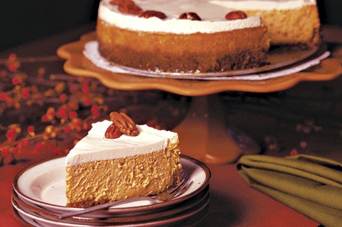 Pumpkin cheesecake with bourbon sour-cream topping is a traditional dessert with an adult twist.