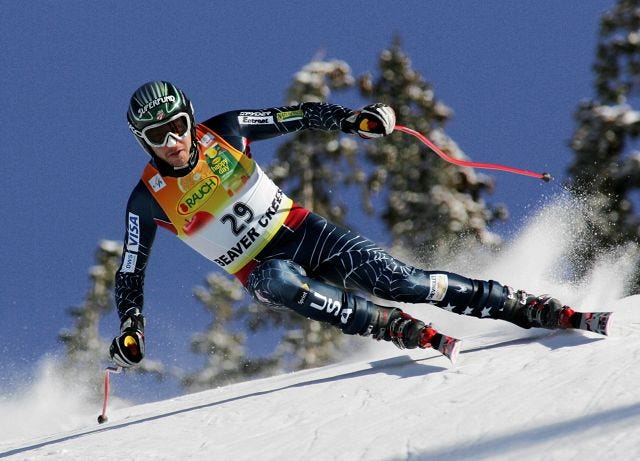Bode Miller, of Easton, N.H., races to the fastest time in the Downhill portion of the men's World Cup Combined ski race at Beaver Creek, Colo., on Thursday, Nov. 29, 2006. (AP Photo/Nathan Bilow)