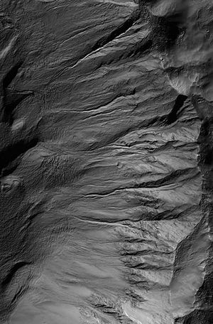 A suite of mid-latitude gullies on a wall in the Newton Crater were captured by cameras aboard the Mars Global Surveyor.