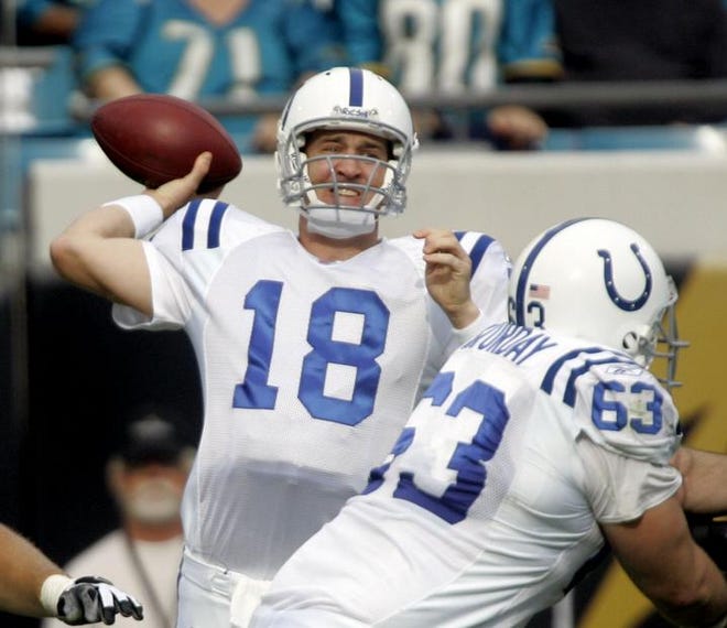 Indianapolis quarterback Peyton Manning throws a pass behind the block of teammate Jeff Saturday. The Colts have clinched the AFC South title but are fighting for a bye in the first round.