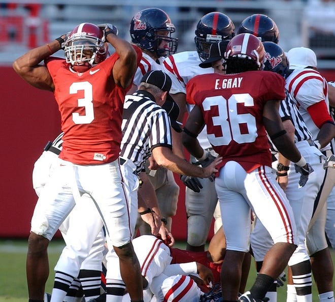 Jeffrey Dukes (3) reacts after a play during the second half of Alabama’s home game against Ole Miss on Oct. 14. Dukes, a senior safety, ended the regular season as UA’s leading tackler with 74 stops.