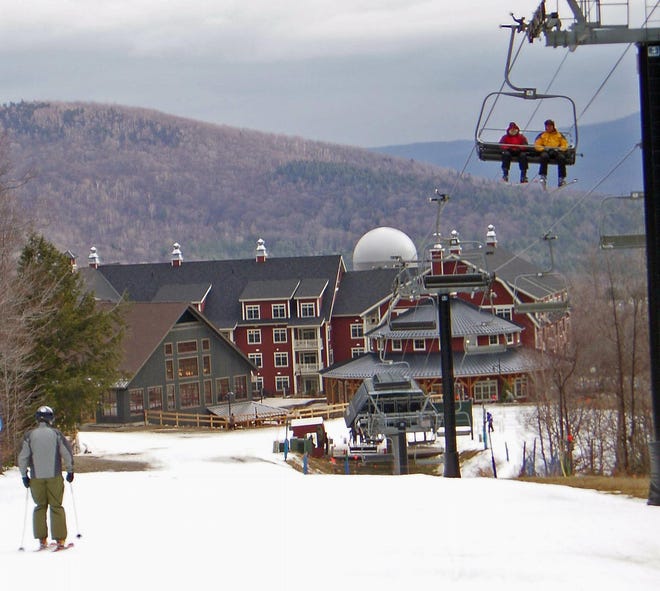 The base area on Lincoln Peak at Sugarbush, Vt., now features a brand new base lodge, left, and a luxury slopeside hotel with a fine-dining restaurant.