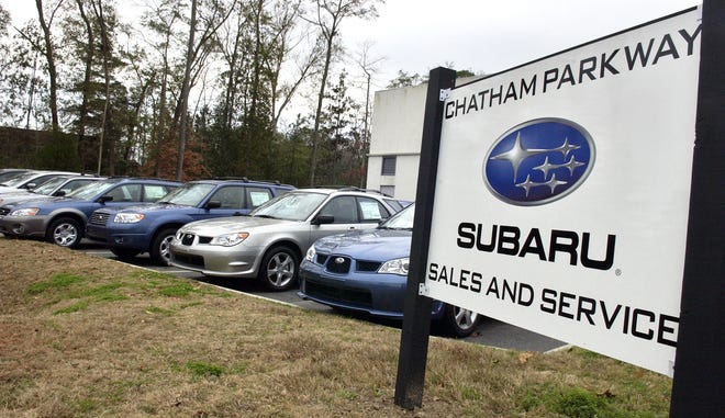 Chatham Parkway Subaru is set up on the front of Chatham Parkway Certified Collision Center.