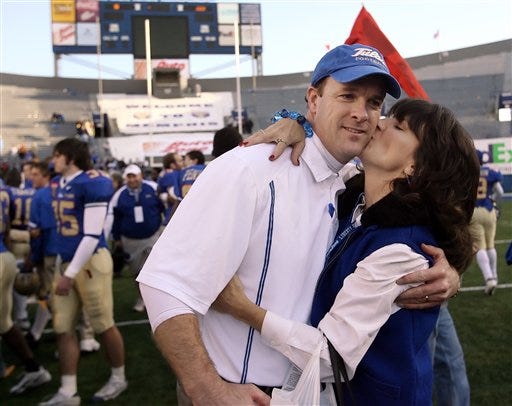 ** FILE ** Tulsa coach Steve Kragthorpe gets a kiss from his wife, Cynthia, after Tulsa defeated Fresno State 31-24 in the Liberty Bowl college football game Saturday, Dec. 31, 2005, in Memphis, Tenn. Kragthorpe is expected to interview for the Louisville coaching job on Tuesday Jan. 9, 2007, and an announcement on Kragthorpe's hiring could come as early as Tuesday afternoon.