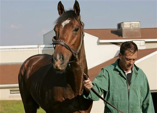 Dean Richardson, chief surgeon at the University of Pennsylvania's New Bolton Center for Large Animals, walks Kentucky Derby winner Barbaro in a Sept. 26 photo. Barbaro suffered a setback in his recovery from laminitis.