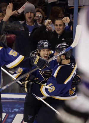 St. Louis Blues' Doug Weight, left, celebrates with teammate Bill Guerin after scoring. St. Louis beat the Kings, 6-5.