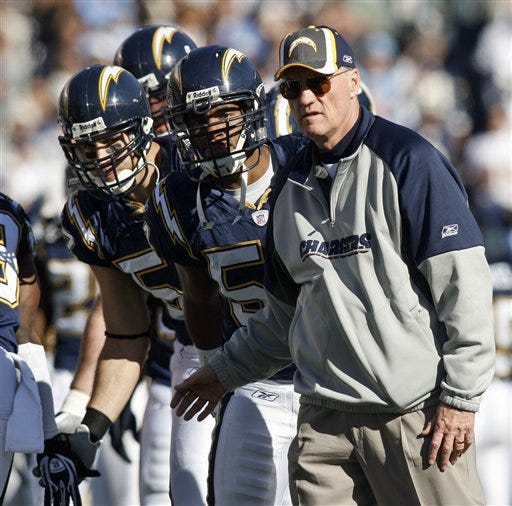 From left to right, San Diego Chargers' Stephen Cooper, San Diego Chargers' Matt Wilhelm and coach Marty Schottenheimer watch from the sidelines before their game against the New England Patriots in their AFC Divisional playoff game in San Diego, Sunday, Jan. 14, 2007.