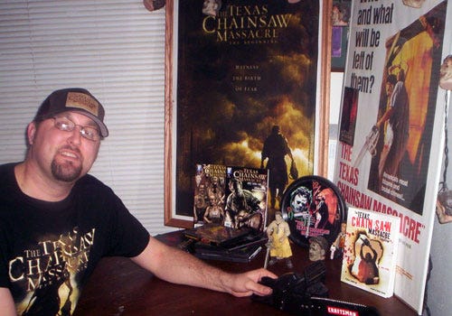 Nate Hensely, a "Texas Chainsaw Massacre" fan, shows off his "TCM" collection.