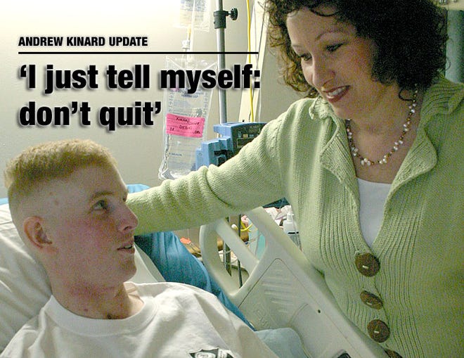 Marine 2nd Lt. Andrew Kinard is shown with his mother, Mary, who has been with him throughout his hospitalization.