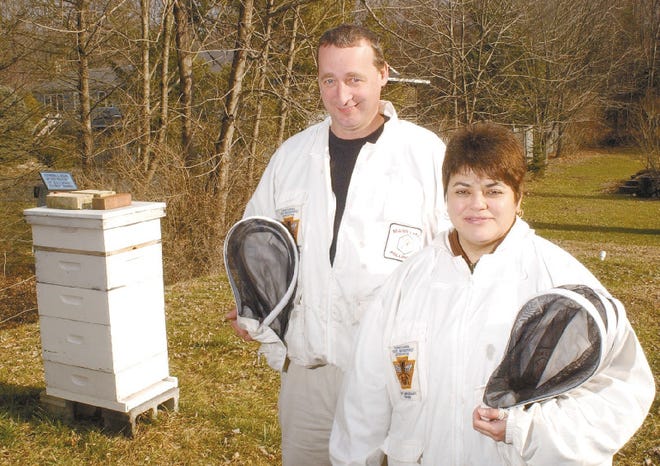 Amateur bee-keepers Bob and Vicky Armstrong with their hive outside their Snydersville home on Friday.