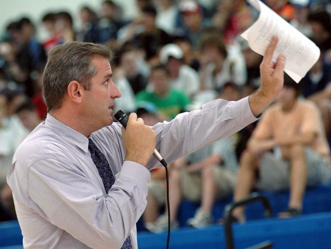 Medfield High Principal Andrew Keough addresses incoming freshmen at orientation during the first day of school in August of 2005.