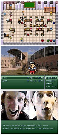 Images from Super Columbine Massacre Role Playing Game!, a video game that prompted a stir among designers by blending images from the tragedy with Nintendo-style graphics.