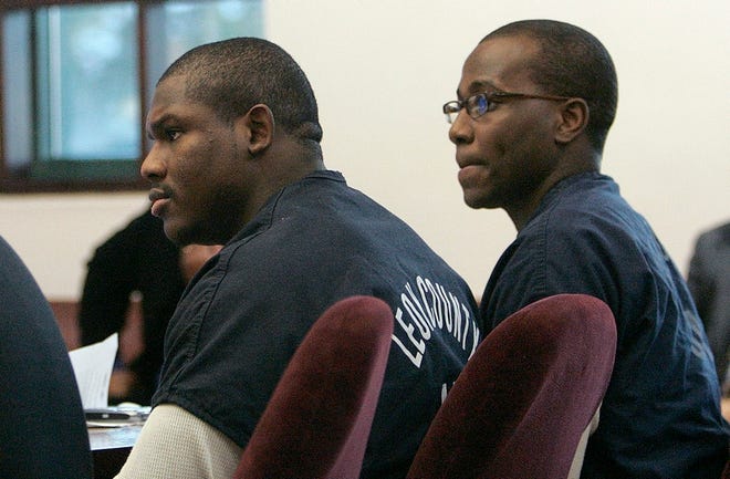 Florida A&M fraternity brothers Michael Morton, left, and Jason Harris each were sentenced to two-year prison terms in a felony hazing case in Tallahassee on Monday.