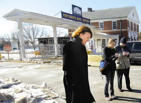 Carol Shea-Porter talks with the press outside of the Portsmouth Naval Shipyard after touring the facility on Friday.
