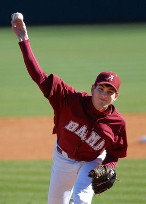 Alabama/spitcher Austin Hyatt delivers a pitch Sunday during the Tide’s game against McNeese State. Alabama won 4-3 in 10 innings. Alabama/stravels to play Southern Miss tonight in Pearl, Miss. Alabama is riding a/ssix-game win streak.