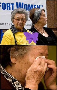 Among the victims of Japanese sexual slavery addressing a conference in Sydney were, top, from left, Wu Hsiu-mei of Taiwan; Jan Ruff O’Herne, an Australian formerly from Java; and bottom, Gil Won-ok, a South Korean.