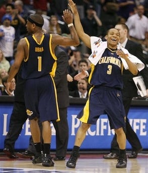 California's Ayinde Ubaka, left, and Jerome Randle celebrate after California beat No. 4 UCLA 76-69 during a second round game at the Pac 10 men's basketball tournament in Los Angeles, Thursday, March 8, 2007.