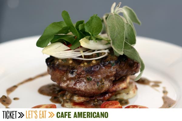 Americano Café's menu includes beef filet, sautéed with a green peppercorn sauce. The Americano is open for breakfast, lunch and dinner.
