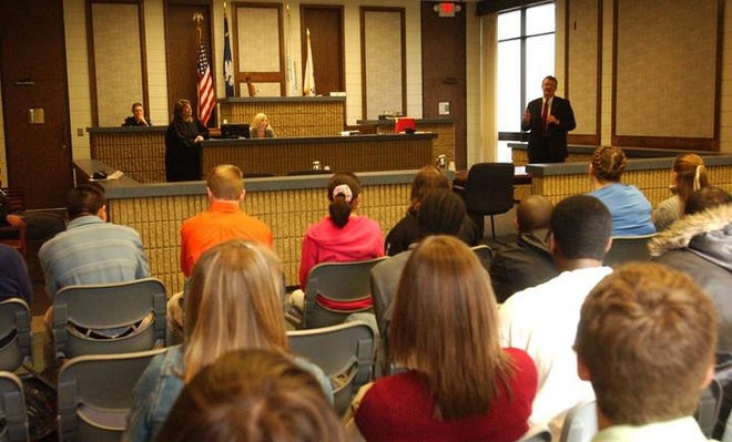 Aiken city attorney Richard Pearce (far right) addresses the Junior Leadership of Aiken County class during a session of livability court at the Department of Public Safety.