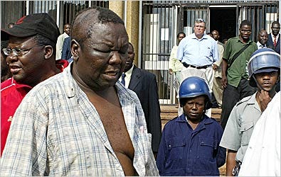 Morgan Tsvangirai after his hearing yesterday, with eye and head injuries his lawyer said he suffered in jail.