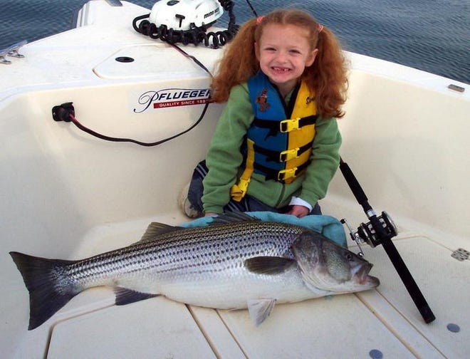 Allie Penn, 5, of Columbia County, shows off a 41-inch, 25-pound striper she landed with the help of her dad, Team Coyotes striper club member Trip Penn. They were fishing for fun during a nontournament weekend at Thurmond Lake using live herring pulled behind a planer board. The Penns caught several other fish during the same outing, including a 23-pounder that was released.