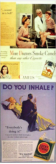 In the 1930s and 1940s, cigarettes were either healthy because they were implicitly endorsed by a kindly doctor, or sexy.