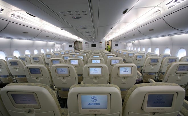 The interior of an Airbus A380 is shown on Monday during a press tour of the new plane at New York's Kennedy International Airport. Another A380 landed at Los Angeles International Airport on Monday.