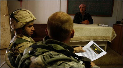 A soldier in the 82nd Airborne Division, foreground, aided by Kardo Fawzi, left, an Iraqi interpreter, talked with a man playing the part of an Iraqi mayor during an Army training simulation last week at Fort Polk, La.