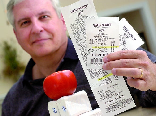 John Hudkins, of Leland, noticed the amount of sales tax charged for food items at the new Wal-Mart was 1 percent too high.