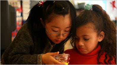 At Dr. Martin Luther King Jr. School in Cambridge, Mass., first-graders examine an earthworm in a science class.