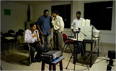 Vijay Muddana, left, interviewed in Chennai, via videoconference with Carnegie Mellon officials in February.