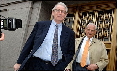 David A. Stockman, left, and his lawyer, Elkan Abramowitz, leaving Federal District Court in Manhattan Monday. Mr. Stockman pleaded not guilty to all the charges and was released on bail.