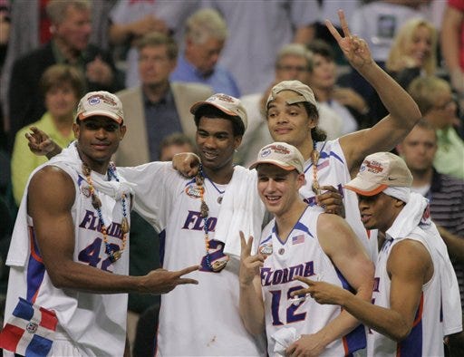 Florida's starting five - Al Horford, (42), Corey Brewer, (2), Lee Humphrey (12), Joakim Noah and Taurean Green - have won two straight national championships. It isn't known how many, if any, of the five, or coach Billy Donovan, will return for another try next season.