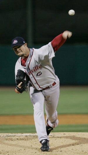 Jon Lester pitches for the Greenville Drive Thursday, April 5, 2007, against the RiverDogs in Charleston, S.C. Lester is on rehab after battling cancer and hopes to return to the Boston Red Sox rotation.(AP Photo/Mary Ann Chastain)