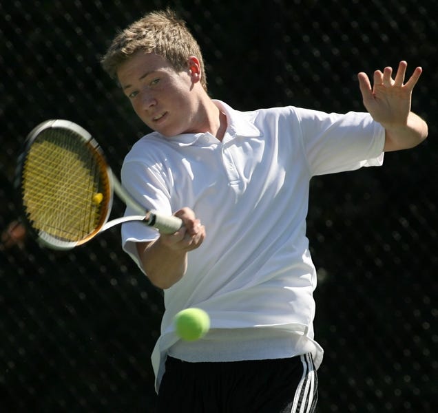 Forest High's No. 1 singles player, Leif Shuman, hits a forehand during practice on Friday.