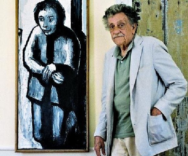 Novelist Kurt Vonnegut Jr., creator of the beloved character Kilgore Trout, in his Barnstable home with a painting he created in 1964.