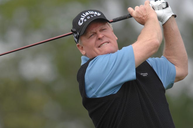 Johnny Miller follows through on his tee shot on the 18th hole Friday during the first round of the Liberty Mutual Legends of Golf's Raphael Division.